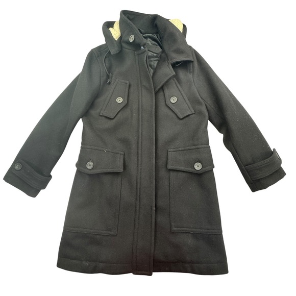 GAP Coat Womens Small Black Wool Blend Hooded Toggle Duffle Detachable Lined - Picture 1 of 13